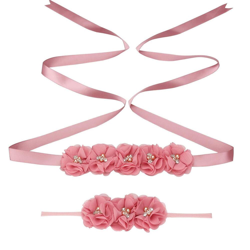 7839 Maternity Flower Sash Headband Set Women Girls Wedding Baby Shower